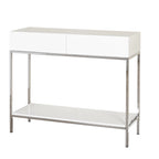 Console de table blanche et chromée à 2 tiroirs, montage par 1 personne