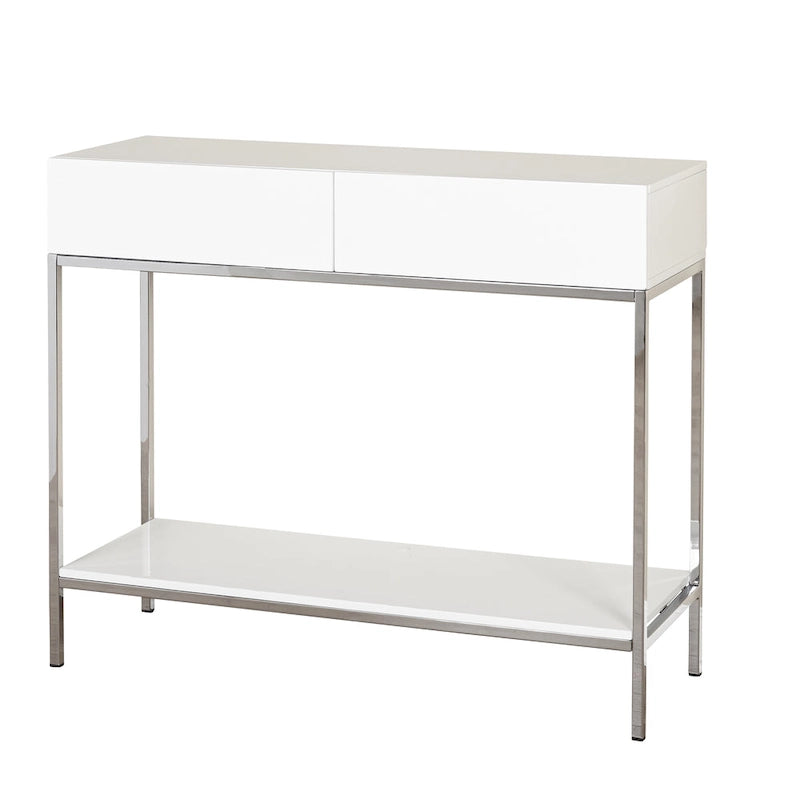Console de table blanche et chromée à 2 tiroirs, montage par 1 personne