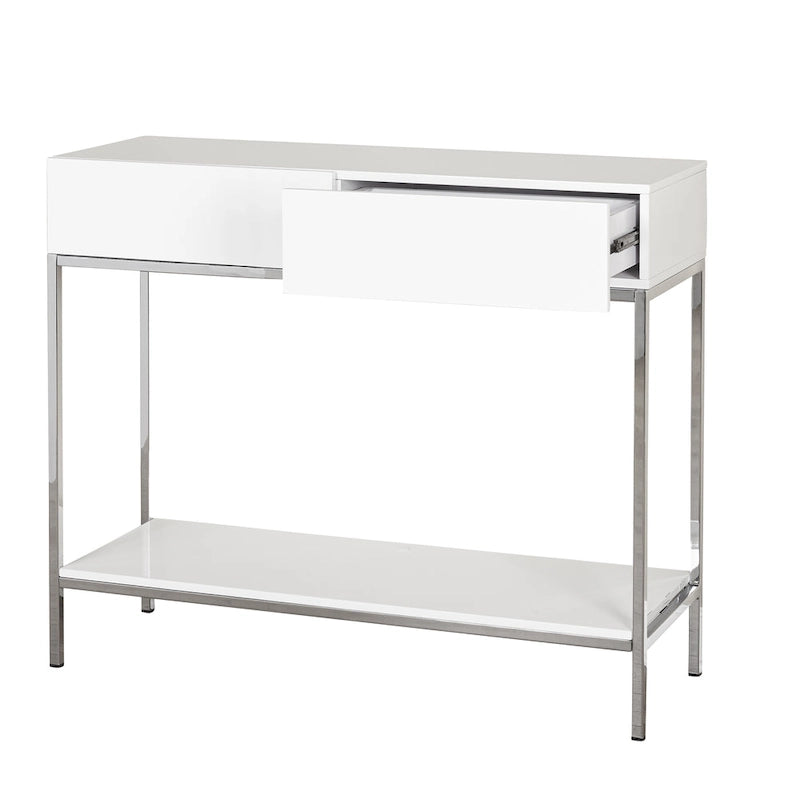 Console de table blanche et chromée à 2 tiroirs, montage par 1 personne