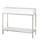 Console de table blanche et chromée à 2 tiroirs, montage par 1 personne