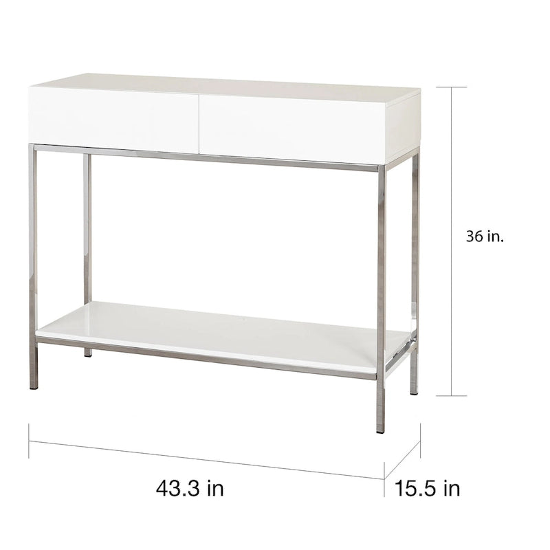 Console de table blanche et chromée à 2 tiroirs, montage par 1 personne