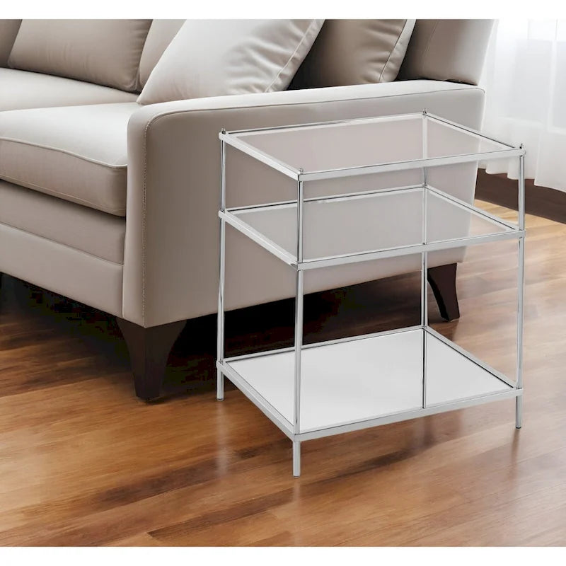 Table d'appoint en verre miroir argenté et fer forgé avec étagère, 1 personne
