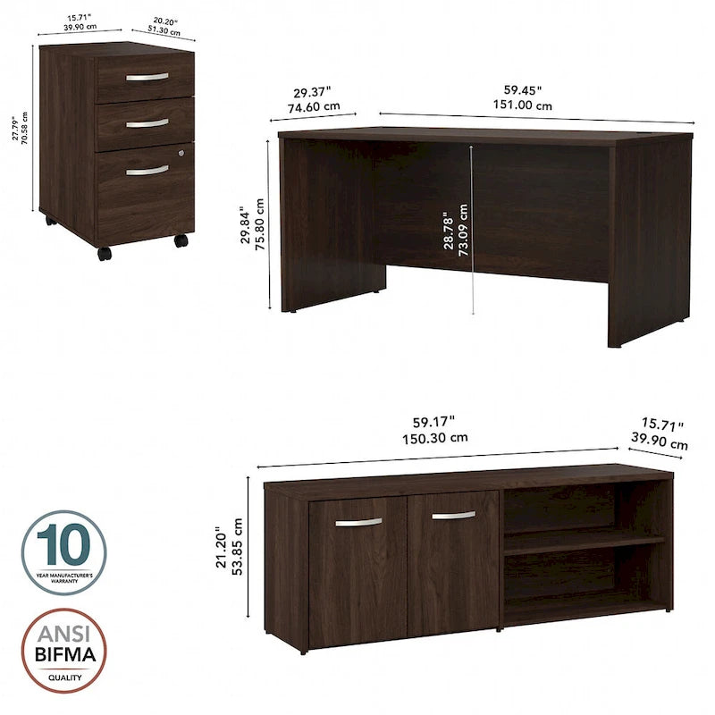 Ensemble de bureau 3 pièces pour 1 personne en Noyer moderne / Blanc / Noyer noir / Gris platine / Gris orage