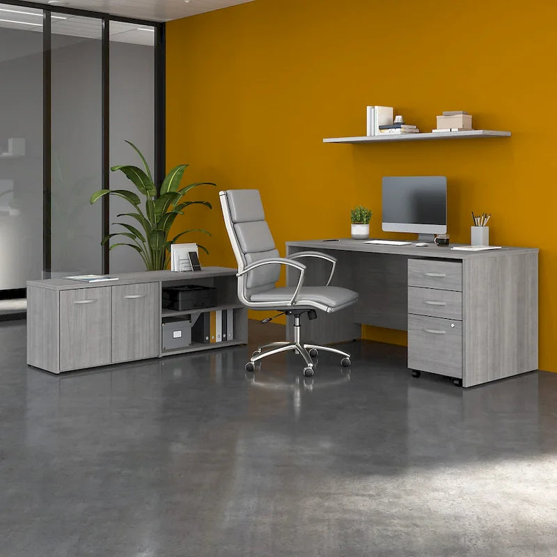 Ensemble de bureau 3 pièces pour 1 personne en Noyer moderne / Blanc / Noyer noir / Gris platine / Gris orage