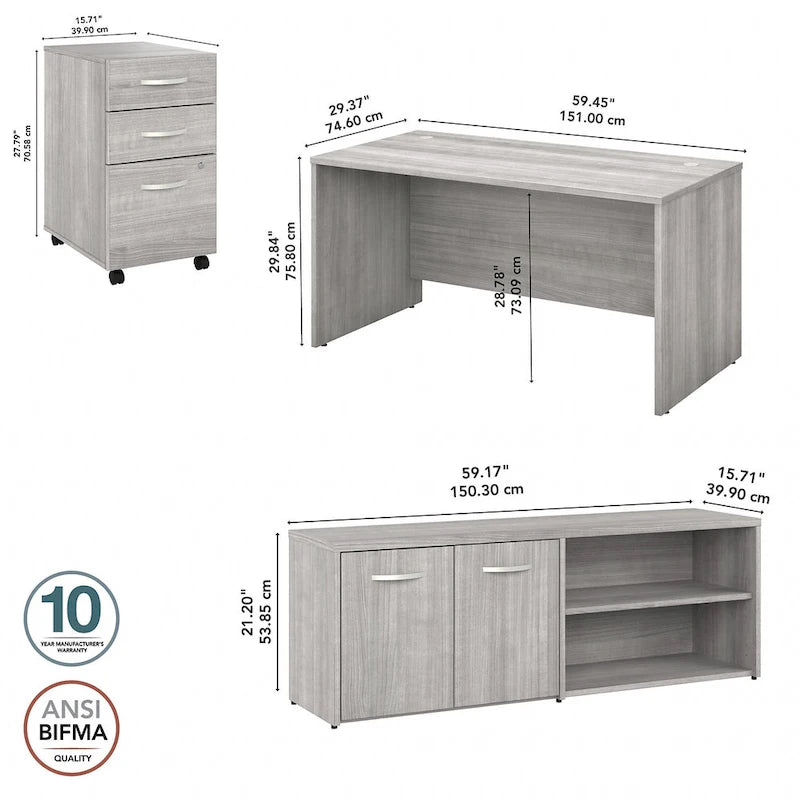 Ensemble de bureau 3 pièces pour 1 personne en Noyer moderne / Blanc / Noyer noir / Gris platine / Gris orage