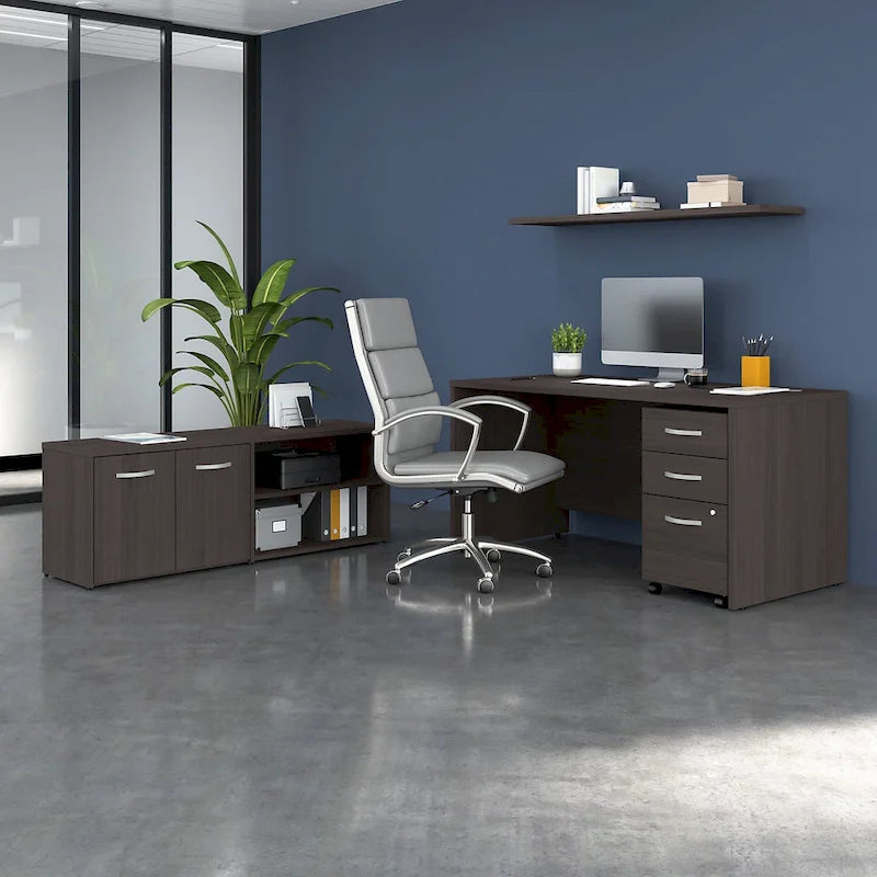 Ensemble de bureau 3 pièces pour 1 personne en Noyer moderne / Blanc / Noyer noir / Gris platine / Gris orage