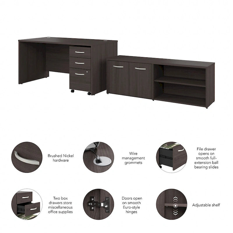 Ensemble de bureau 3 pièces pour 1 personne en Noyer moderne / Blanc / Noyer noir / Gris platine / Gris orage