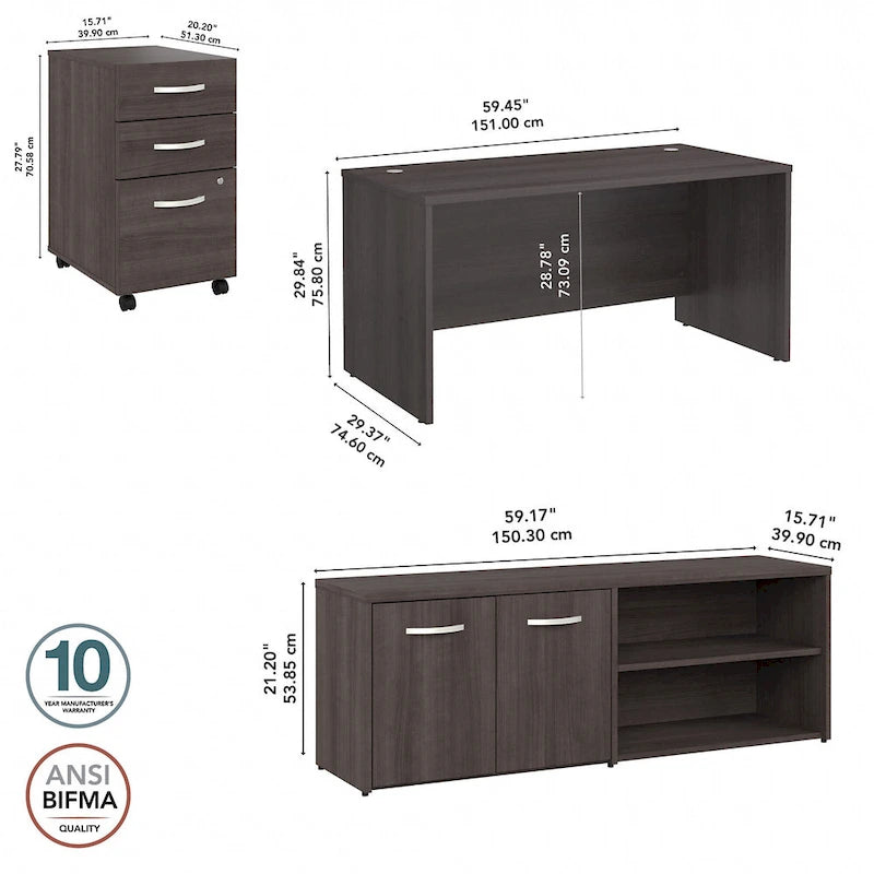 Ensemble de bureau 3 pièces pour 1 personne en Noyer moderne / Blanc / Noyer noir / Gris platine / Gris orage