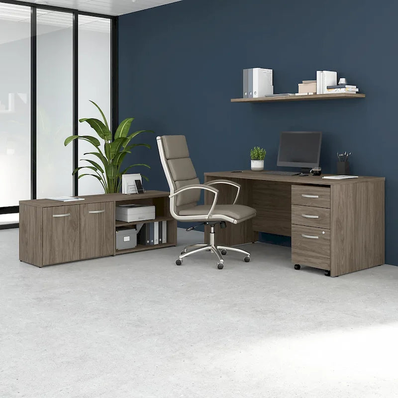 Ensemble de bureau 3 pièces pour 1 personne en Noyer moderne / Blanc / Noyer noir / Gris platine / Gris orage