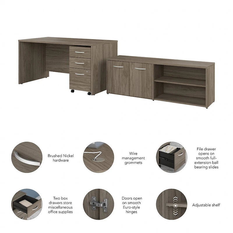Ensemble de bureau 3 pièces pour 1 personne en Noyer moderne / Blanc / Noyer noir / Gris platine / Gris orage