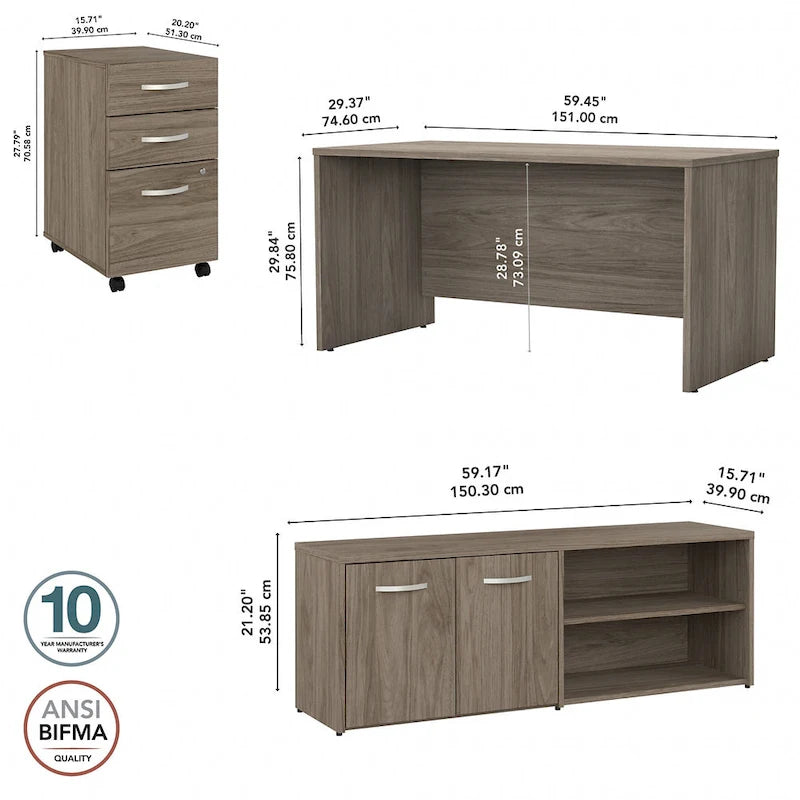 Ensemble de bureau 3 pièces pour 1 personne en Noyer moderne / Blanc / Noyer noir / Gris platine / Gris orage