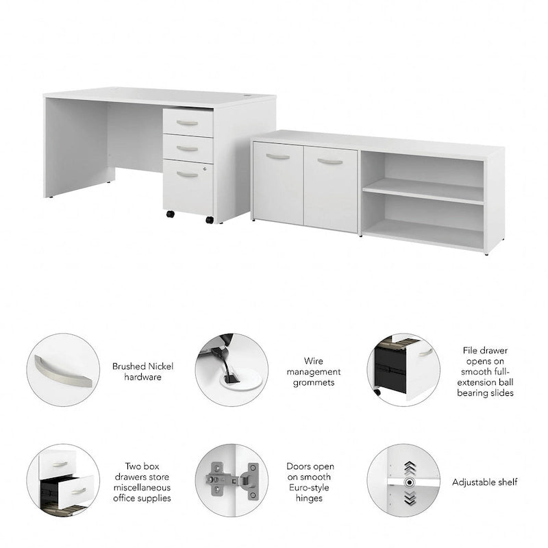 Ensemble de bureau 3 pièces pour 1 personne en Noyer moderne / Blanc / Noyer noir / Gris platine / Gris orage