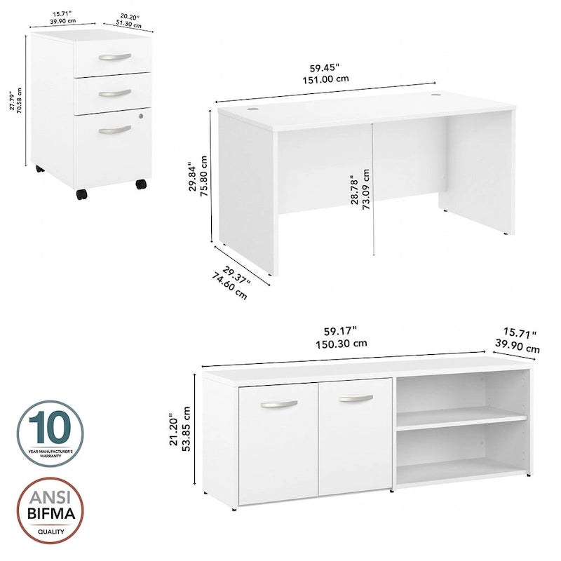Ensemble de bureau 3 pièces pour 1 personne en Noyer moderne / Blanc / Noyer noir / Gris platine / Gris orage