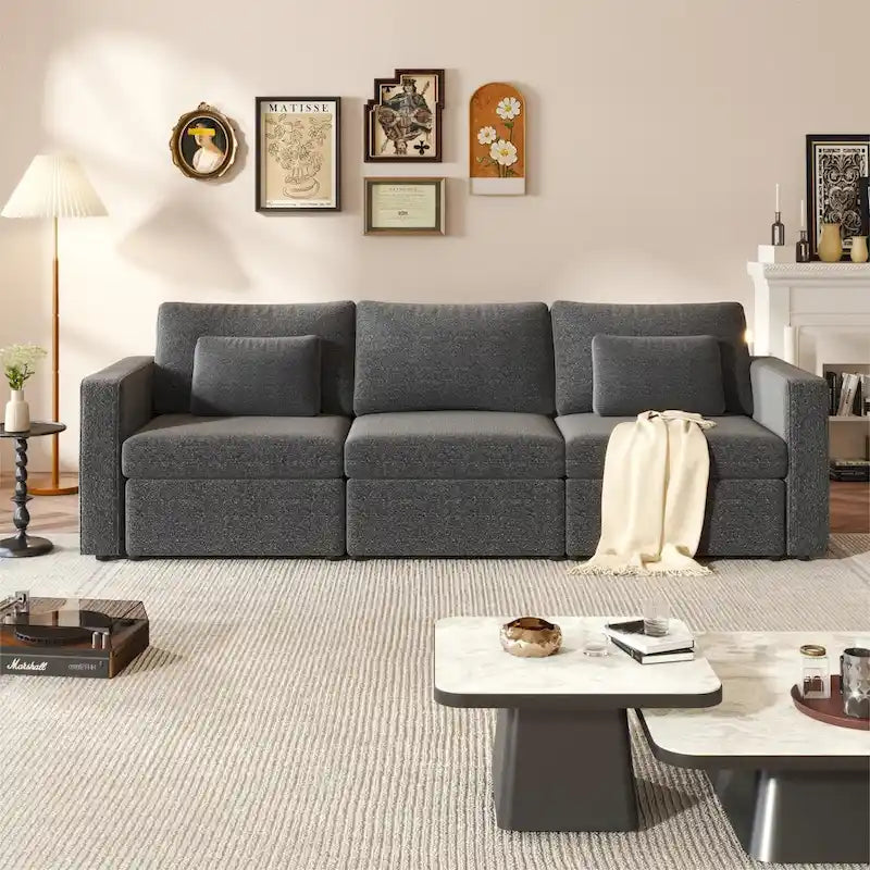 Canapé sectionnel d'angle en coton et lin beige avec pouf de rangement, 4+ places