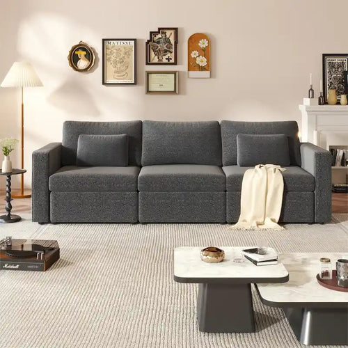 Canapé sectionnel d'angle en coton et lin beige avec pouf de rangement, 4+ places
