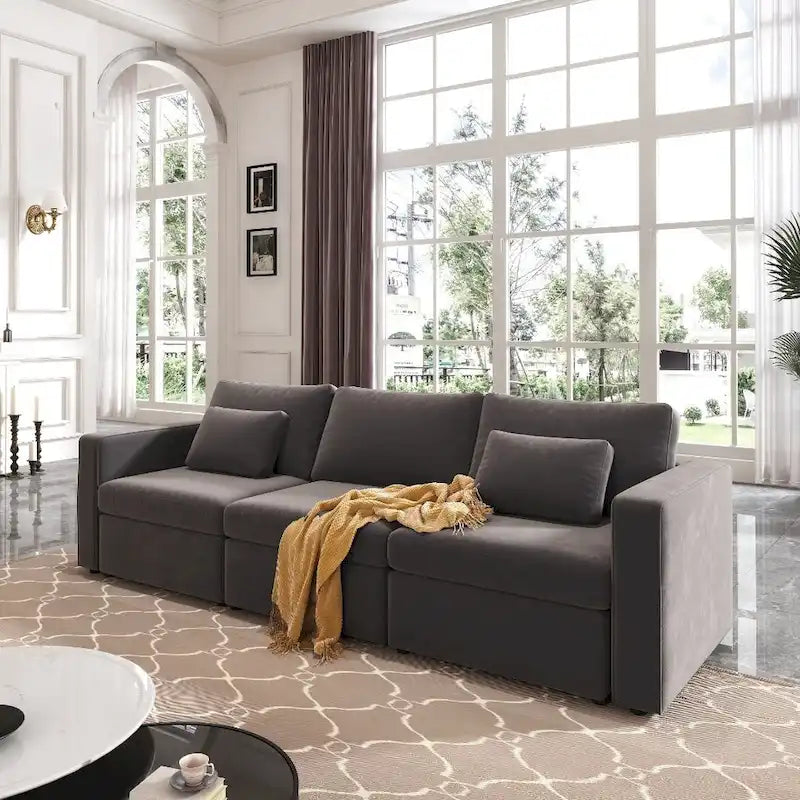 Canapé sectionnel d'angle en coton et lin beige avec pouf de rangement, 4+ places