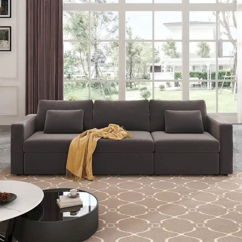 Canapé sectionnel d'angle en coton et lin beige avec pouf de rangement, 4+ places
