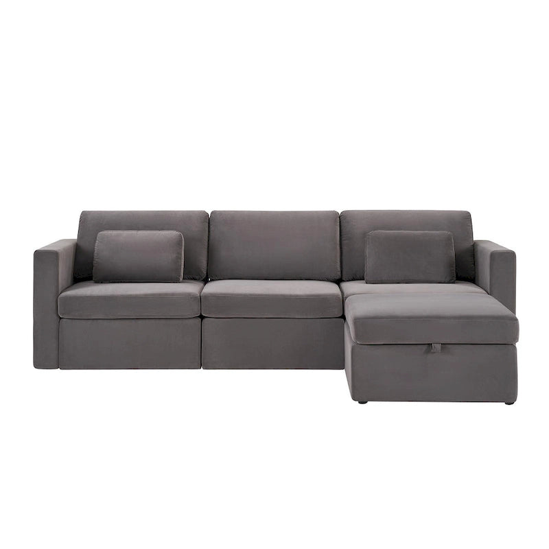 Canapé sectionnel d'angle en coton et lin beige avec pouf de rangement, 4+ places