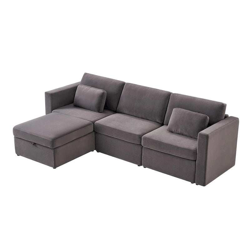Canapé sectionnel d'angle en coton et lin beige avec pouf de rangement, 4+ places
