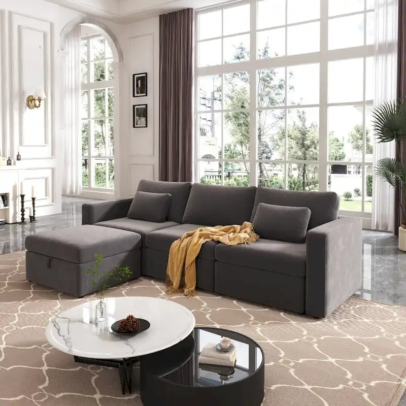Canapé sectionnel d'angle en coton et lin beige avec pouf de rangement, 4+ places