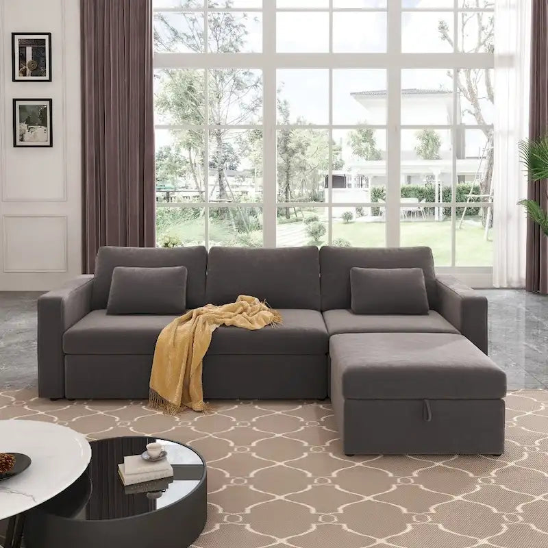 Canapé sectionnel d'angle en coton et lin beige avec pouf de rangement, 4+ places