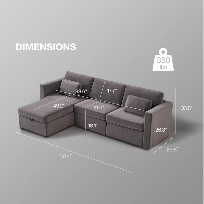 Canapé sectionnel d'angle en coton et lin beige avec pouf de rangement, 4+ places