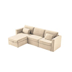 Canapé sectionnel d'angle en coton et lin beige avec pouf de rangement, 4+ places