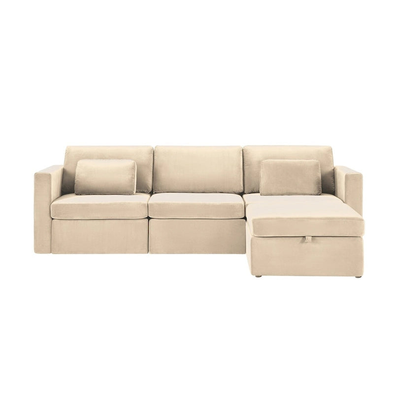 Canapé sectionnel d'angle en coton et lin beige avec pouf de rangement, 4+ places