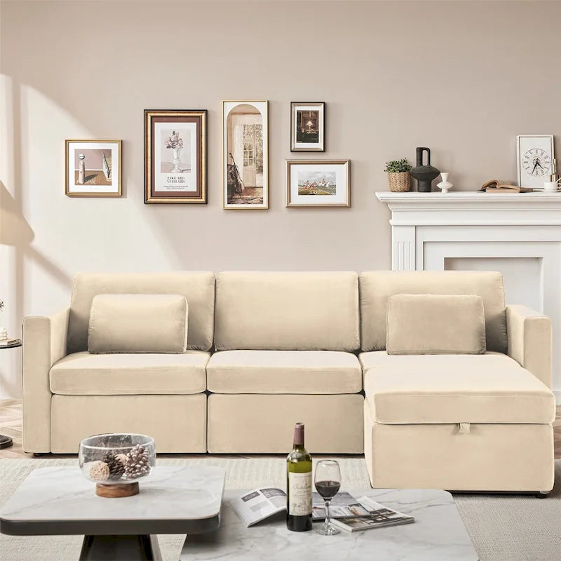 Canapé sectionnel d'angle en coton et lin beige avec pouf de rangement, 4+ places