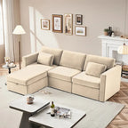 Canapé sectionnel d'angle en coton et lin beige avec pouf de rangement, 4+ places