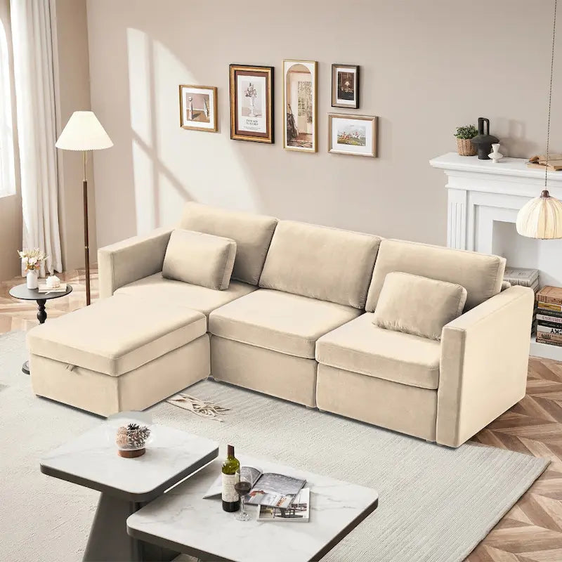 Canapé sectionnel d'angle en coton et lin beige avec pouf de rangement, 4+ places