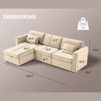 Canapé sectionnel d'angle en coton et lin beige avec pouf de rangement, 4+ places