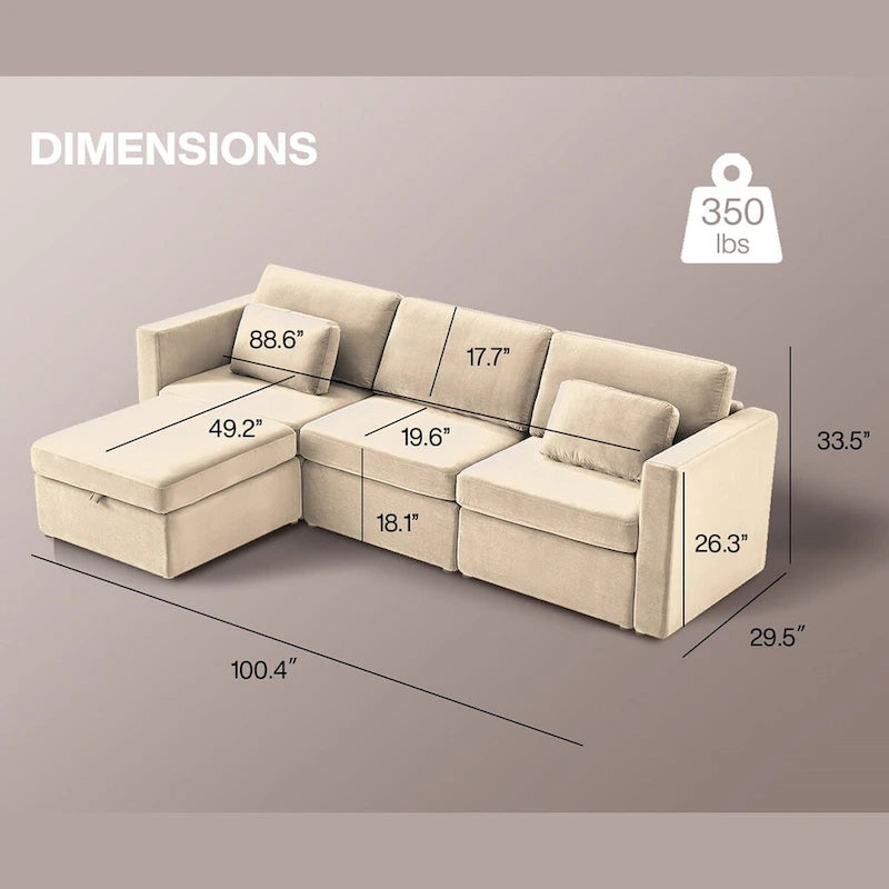 Canapé sectionnel d'angle en coton et lin beige avec pouf de rangement, 4+ places