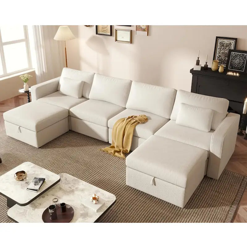 Canapé sectionnel d'angle en coton et lin beige avec pouf de rangement, 4+ places