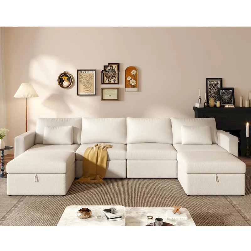 Canapé sectionnel d'angle en coton et lin beige avec pouf de rangement, 4+ places