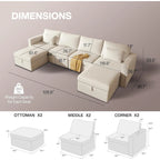 Canapé sectionnel d'angle en coton et lin beige avec pouf de rangement, 4+ places