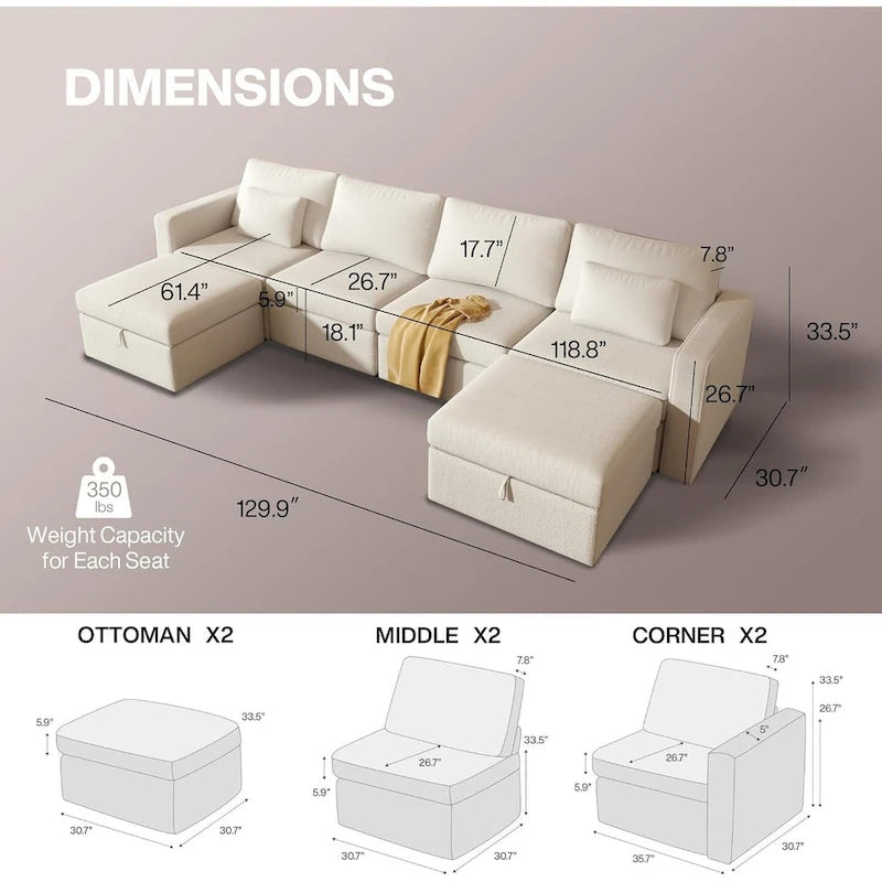 Canapé sectionnel d'angle en coton et lin beige avec pouf de rangement, 4+ places