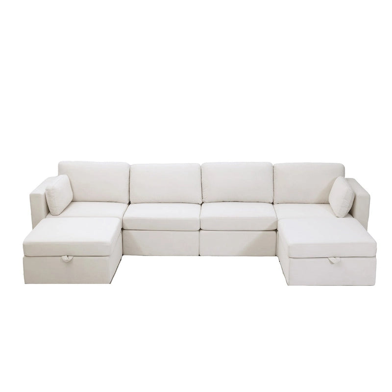 Canapé sectionnel d'angle en coton et lin beige avec pouf de rangement, 4+ places