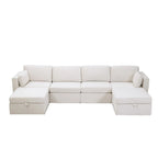 Canapé sectionnel d'angle en coton et lin beige avec pouf de rangement, 4+ places