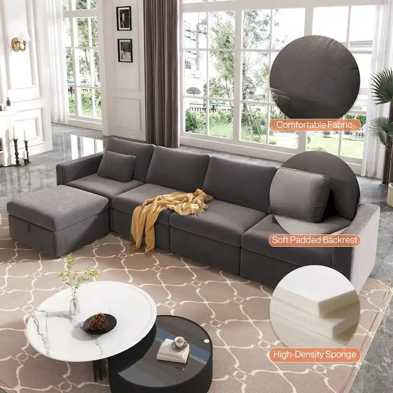 Canapé sectionnel d'angle en coton et lin beige avec pouf de rangement, 4+ places