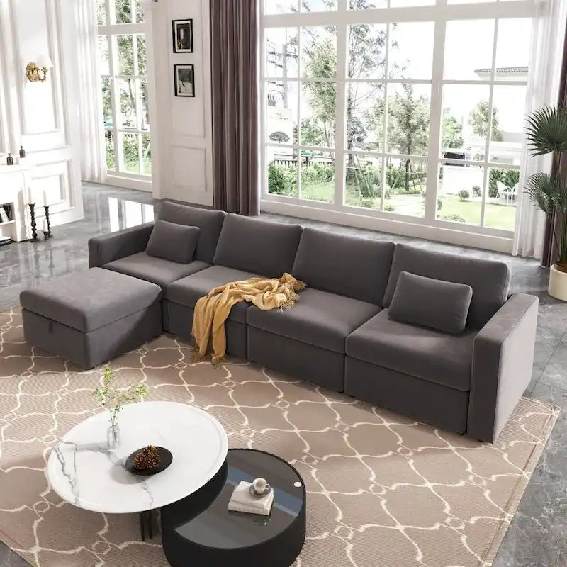 Canapé sectionnel d'angle en coton et lin beige avec pouf de rangement, 4+ places