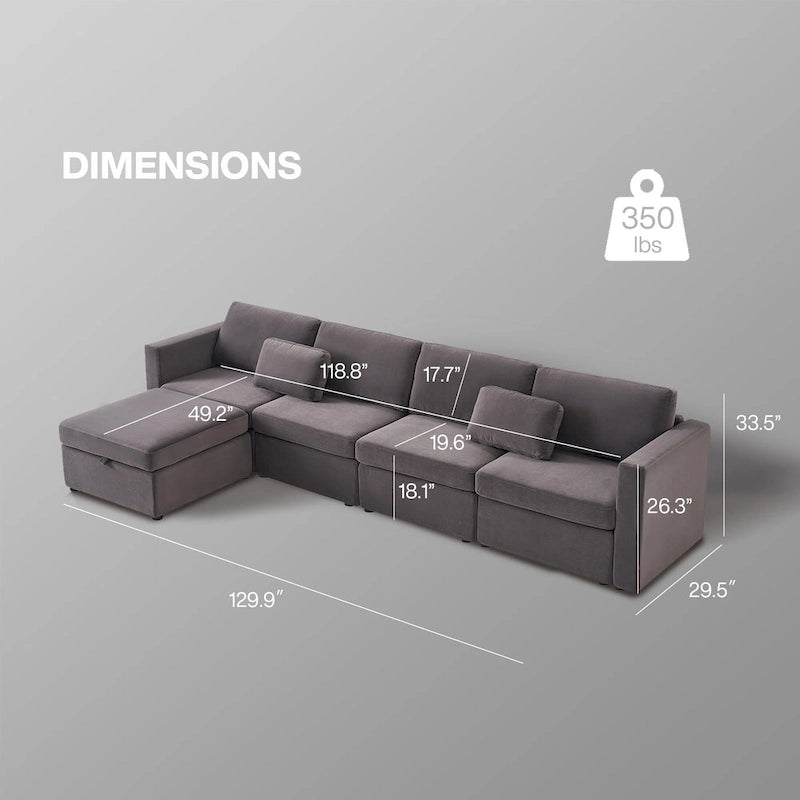 Canapé sectionnel d'angle en coton et lin beige avec pouf de rangement, 4+ places