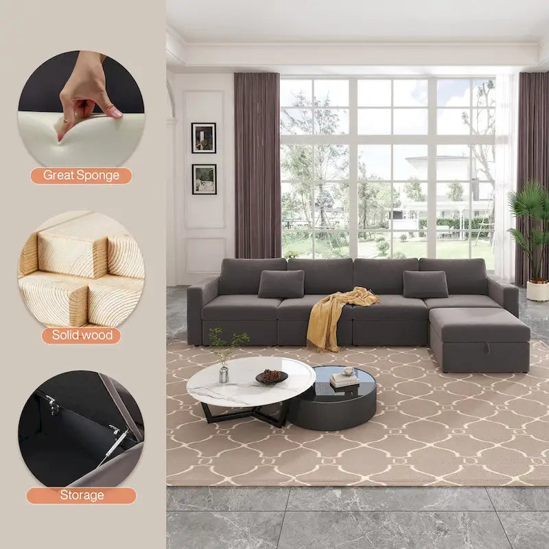 Canapé sectionnel d'angle en coton et lin beige avec pouf de rangement, 4+ places