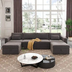 Canapé sectionnel d'angle en coton et lin beige avec pouf de rangement, 4+ places