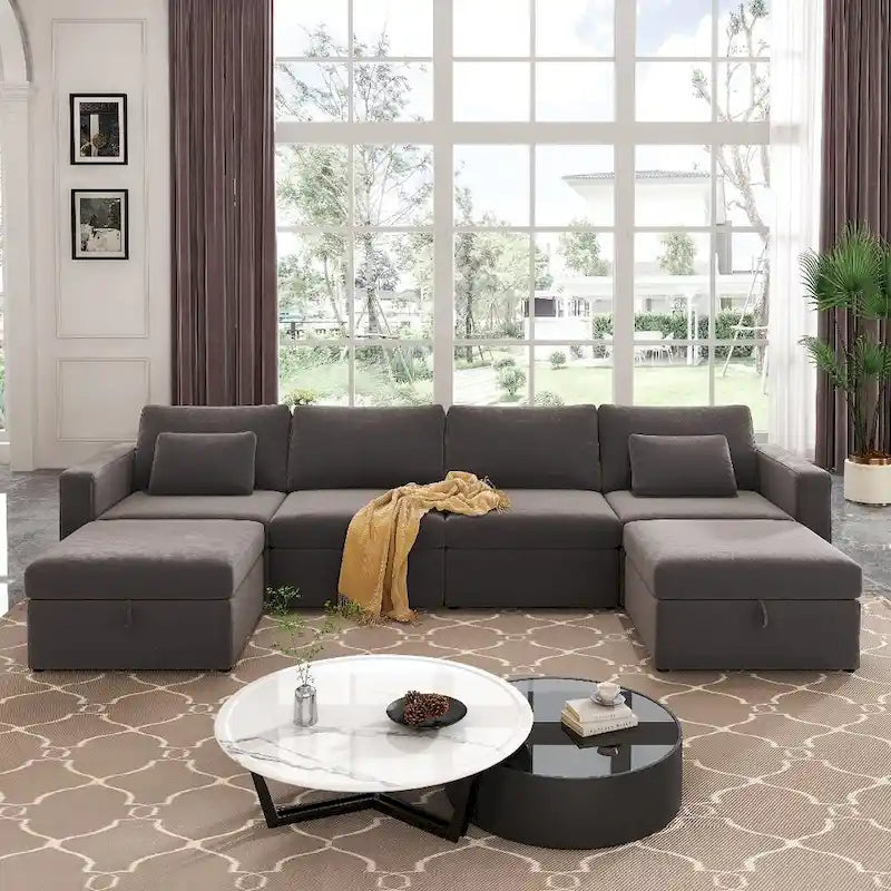 Canapé sectionnel d'angle en coton et lin beige avec pouf de rangement, 4+ places
