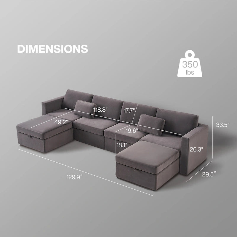 Canapé sectionnel d'angle en coton et lin beige avec pouf de rangement, 4+ places
