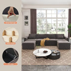 Canapé sectionnel d'angle en coton et lin beige avec pouf de rangement, 4+ places