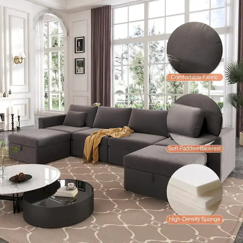 Canapé sectionnel d'angle en coton et lin beige avec pouf de rangement, 4+ places
