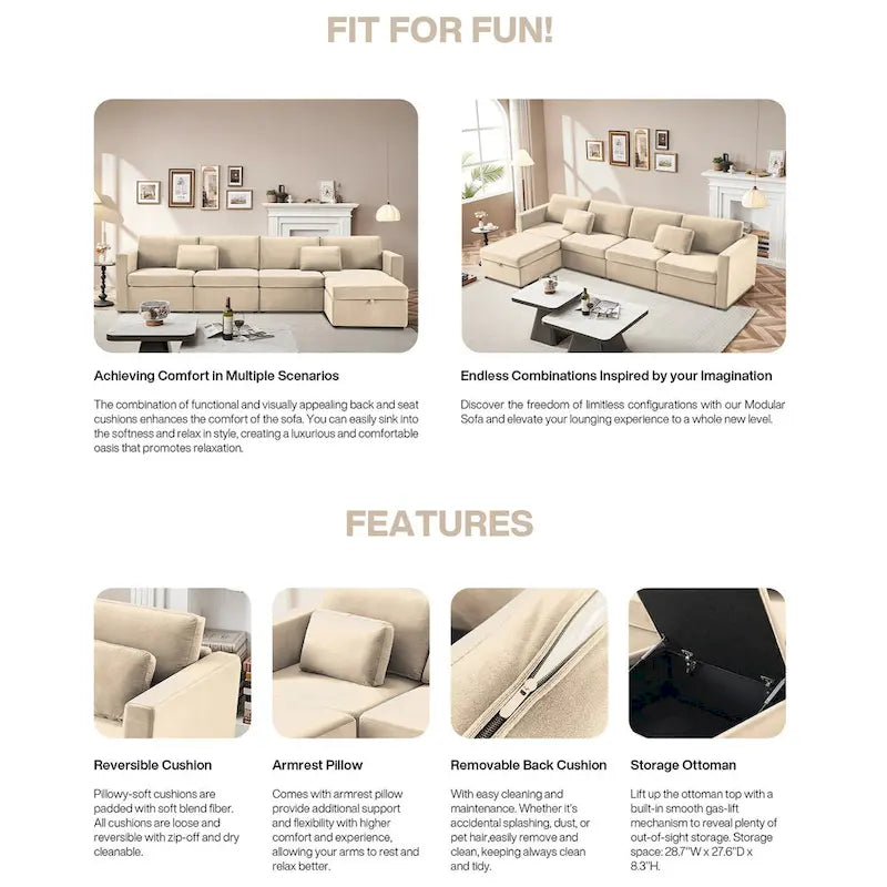 Canapé sectionnel d'angle en coton et lin beige avec pouf de rangement, 4+ places