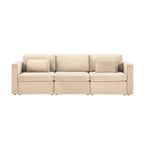 Canapé sectionnel d'angle en coton et lin beige avec pouf de rangement, 4+ places